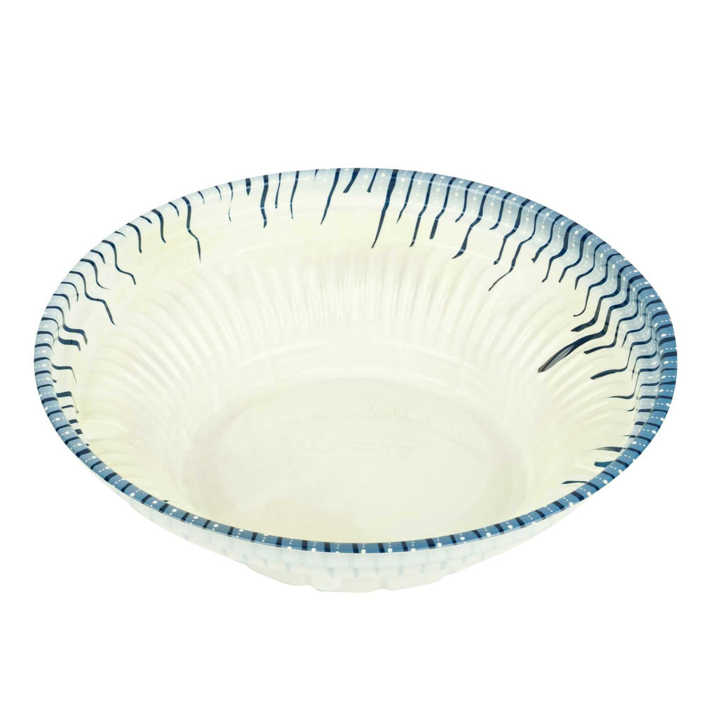 Bento Tek 10 oz Round White and Blue Plastic Asian Style Bowl - 6 1/2" x 6 1/2" x 1 3/4" - 100 count box