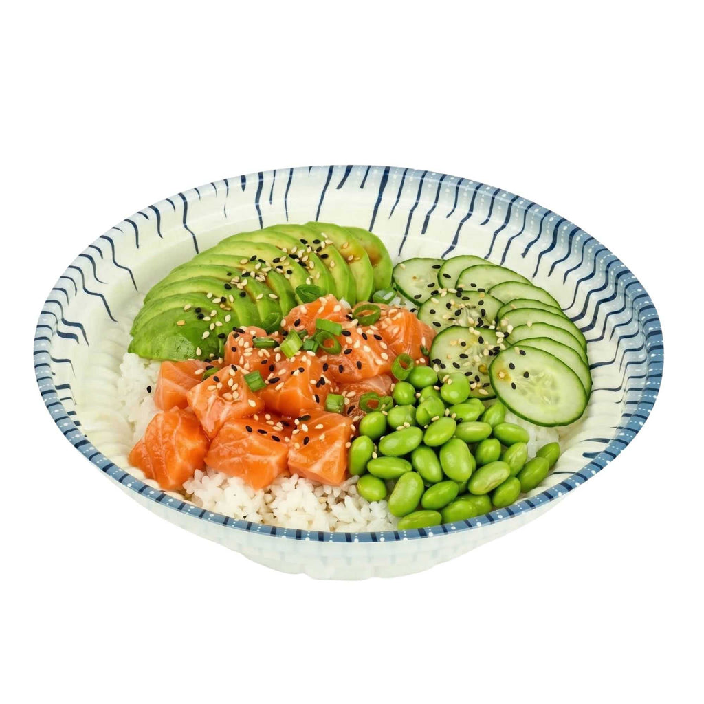 Bento Tek 10 oz Round White and Blue Plastic Asian Style Bowl - 6 1/2" x 6 1/2" x 1 3/4" - 100 count box