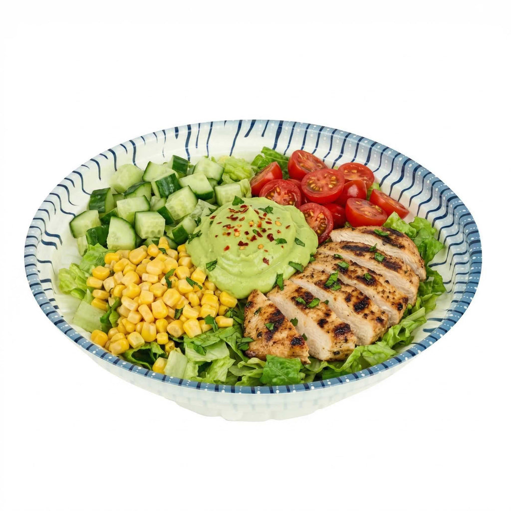 Bento Tek 10 oz Round White and Blue Plastic Asian Style Bowl - 6 1/2" x 6 1/2" x 1 3/4" - 100 count box