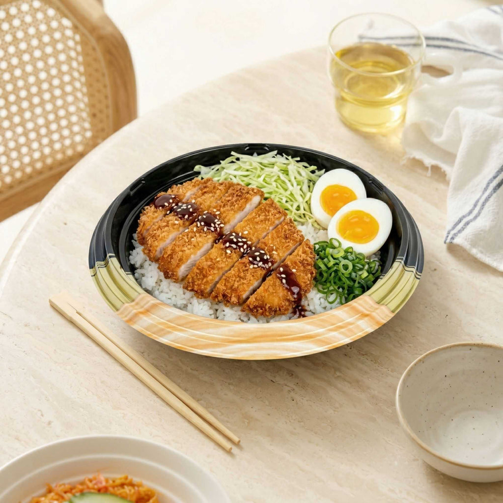 Bento Tek 14 oz Round Black and Gold Plastic Asian Style Bowl - 7" x 7" x 1 1/2" - 100 count box