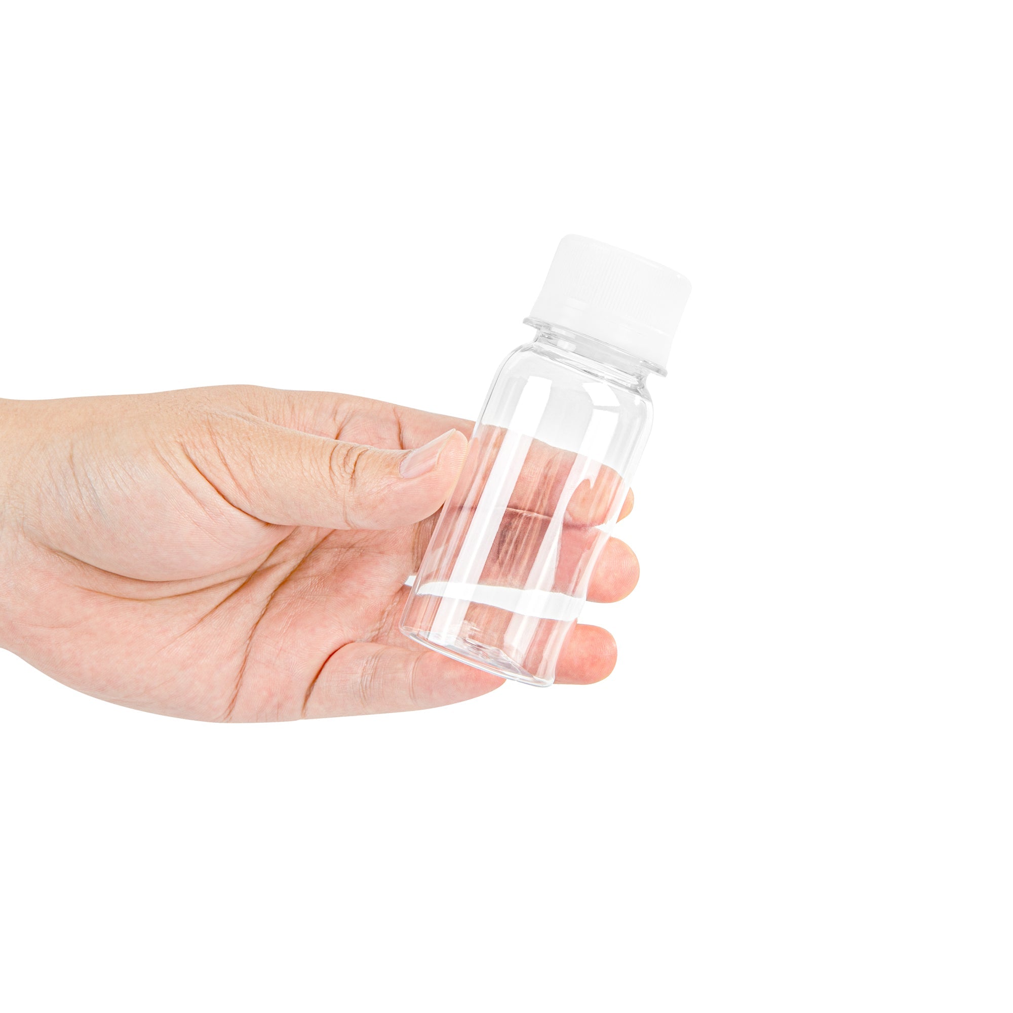 Bottle Tek 2 oz Clear Plastic Energy Shot Bottle - with Safety Cap - 1 1/2" x 1 1/2" x 3 3/4" - 100 count box