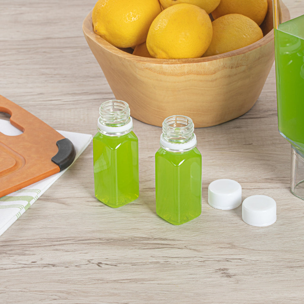 Bottle Tek 2 oz Clear Plastic Energy Shot Bottle - with Safety Cap, Straight Sided - 1 1/4" x 1 1/4" x 3 3/4" - 100 count box
