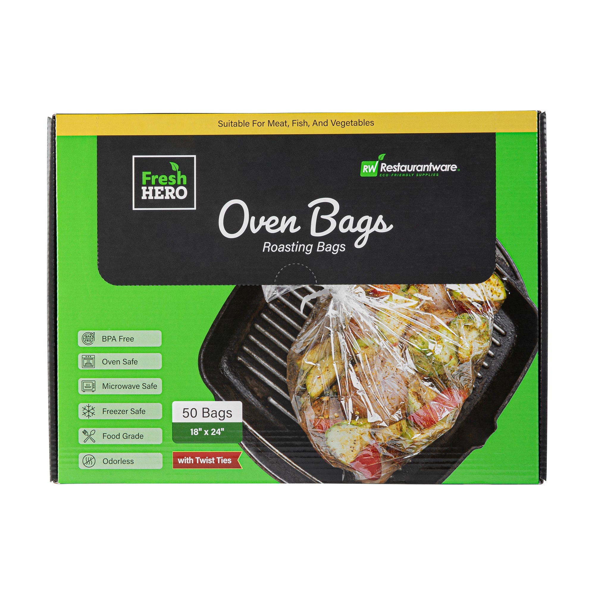 Fresh Hero Clear Nylon Oven Bag - with Ties, BPA-Free, Heavy Duty - 18" x 24" - 50 count box