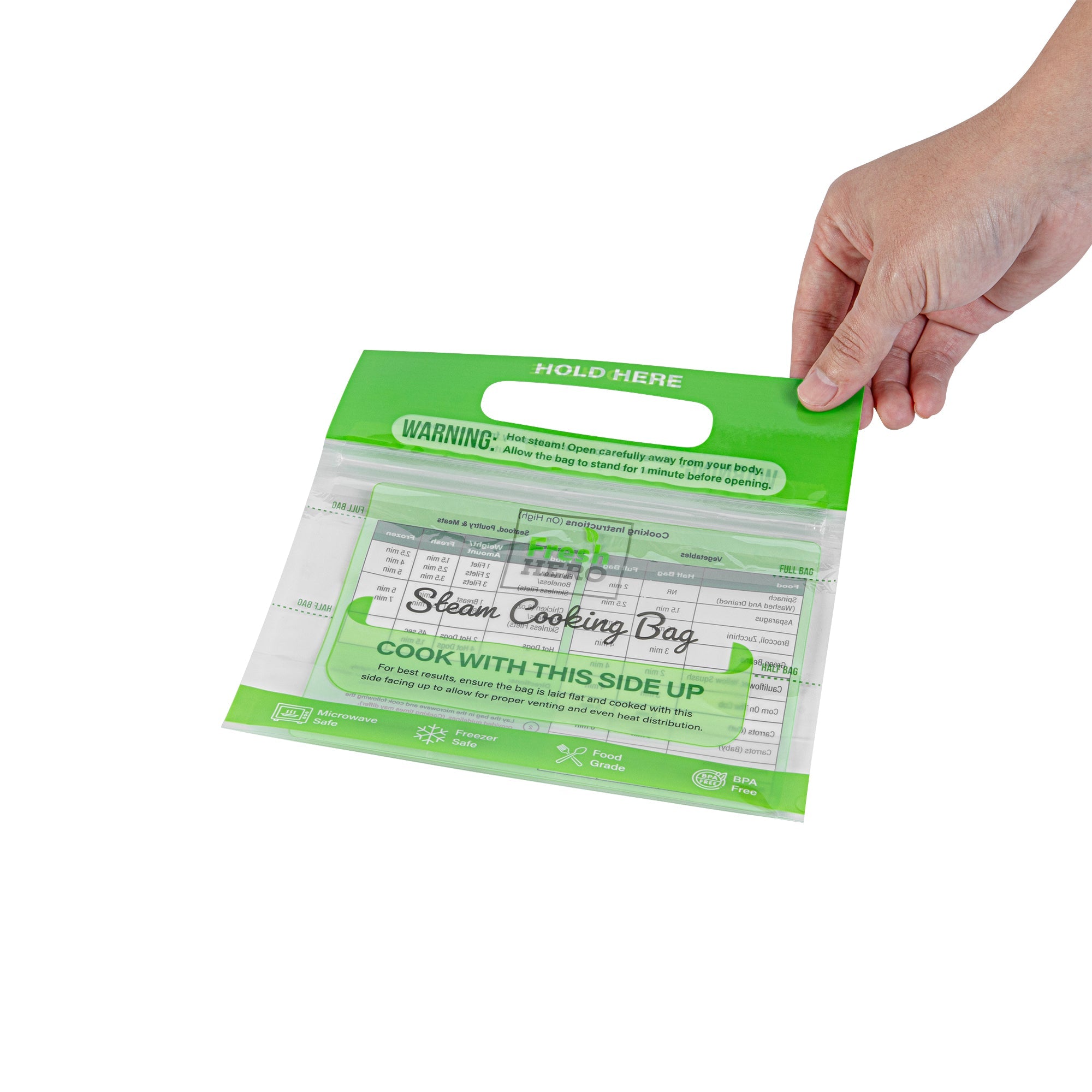 Fresh Hero Green Plastic Steam Bag - Microwave-Safe, BPA-Free - 7 1/2" x 7 1/2" - 25 count box
