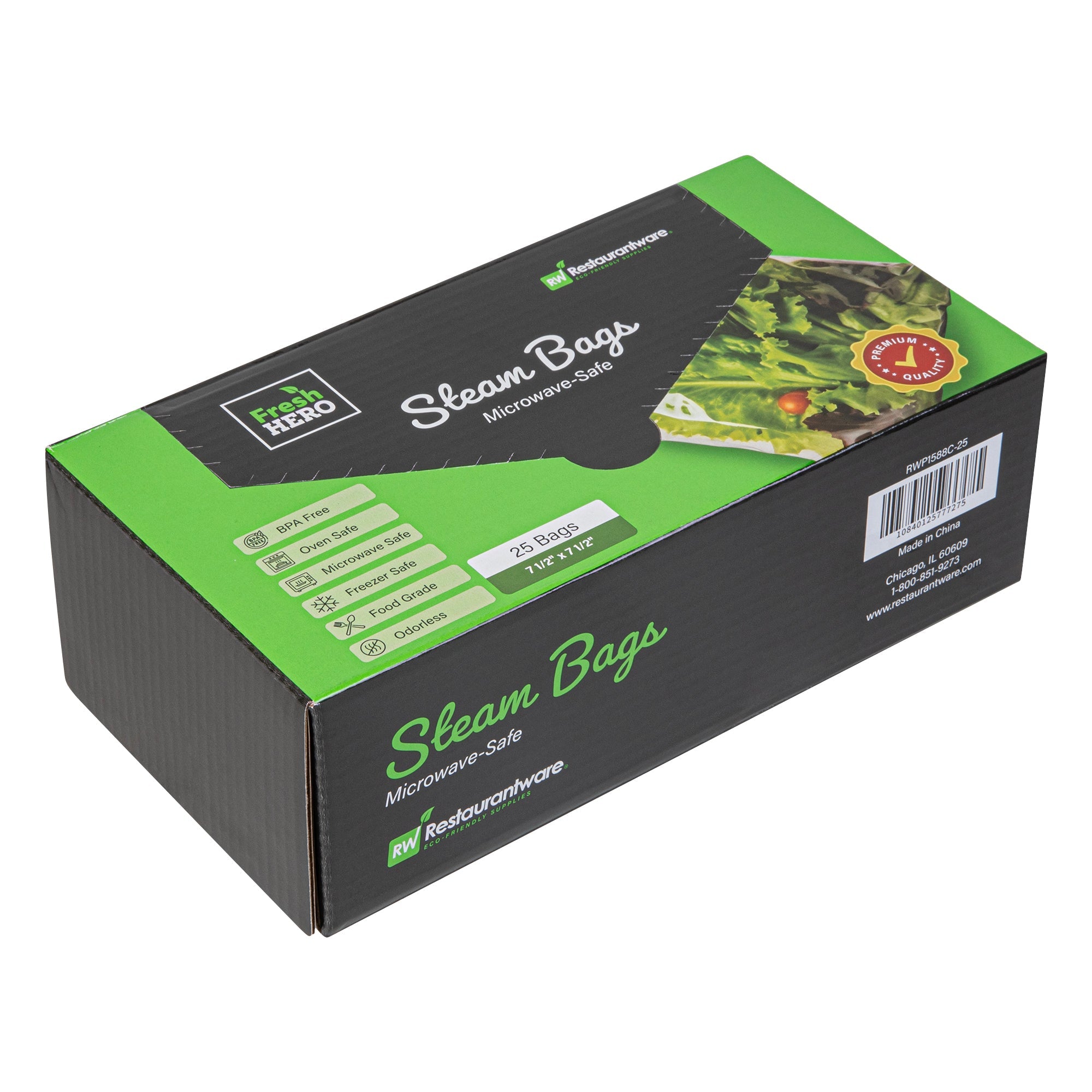 Fresh Hero Green Plastic Steam Bag - Microwave-Safe, BPA-Free - 7 1/2" x 7 1/2" - 25 count box