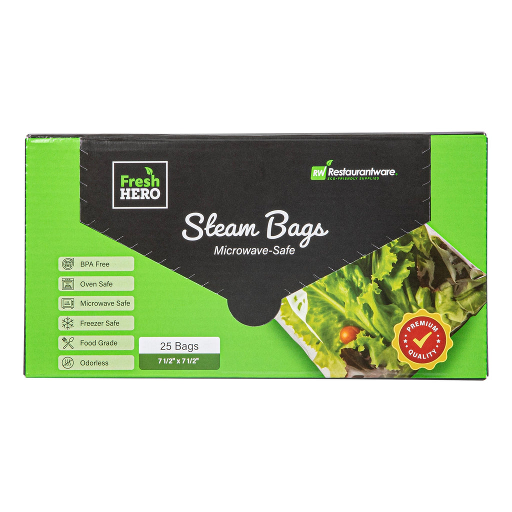 Fresh Hero Green Plastic Steam Bag - Microwave-Safe, BPA-Free - 7 1/2" x 7 1/2" - 25 count box