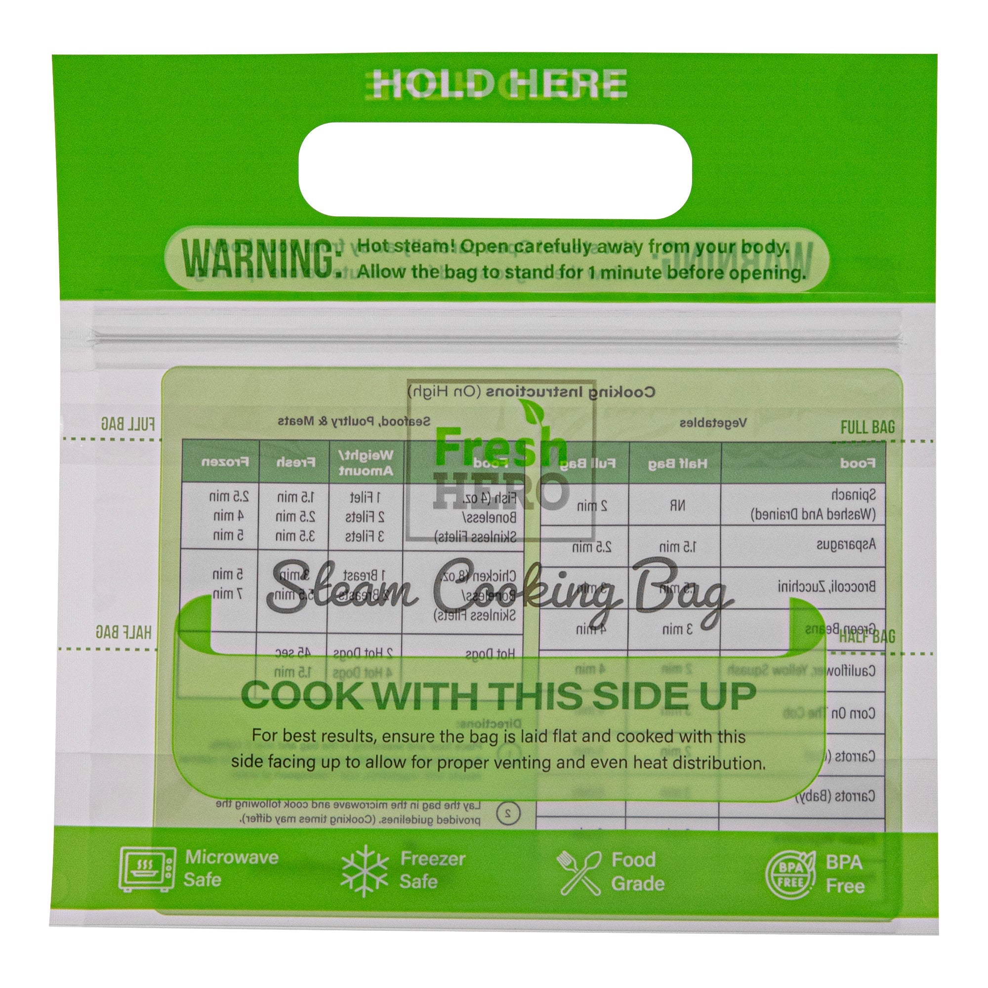 Fresh Hero Green Plastic Steam Bag - Microwave-Safe, BPA-Free - 7 1/2" x 7 1/2" - 25 count box