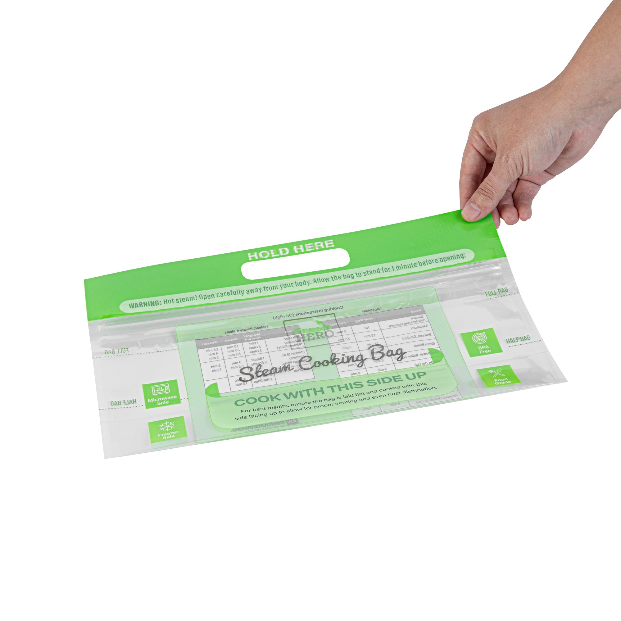 Fresh Hero Green Plastic Steam Bag - Microwave-Safe, BPA-Free - 12 3/4" x 7 1/2" - 25 count box