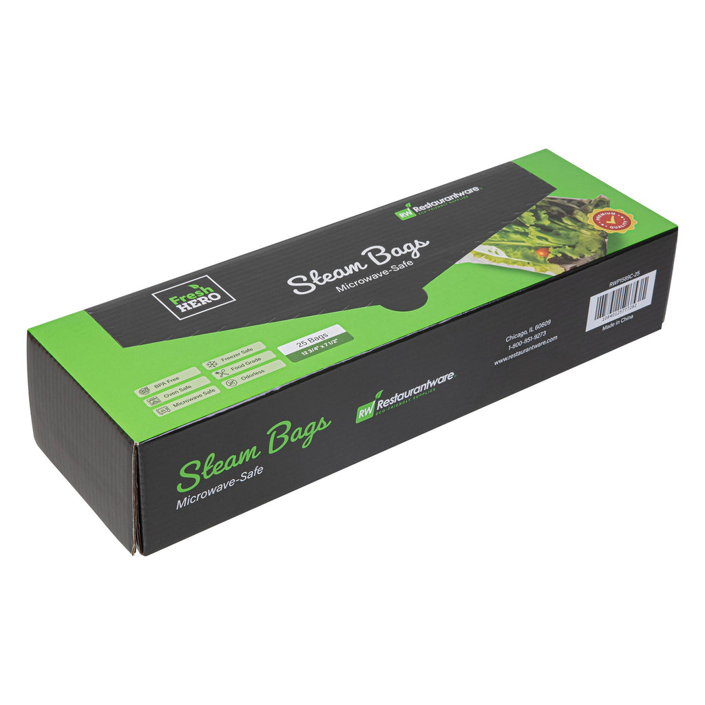 Fresh Hero Green Plastic Steam Bag - Microwave-Safe, BPA-Free - 12 3/4" x 7 1/2" - 25 count box