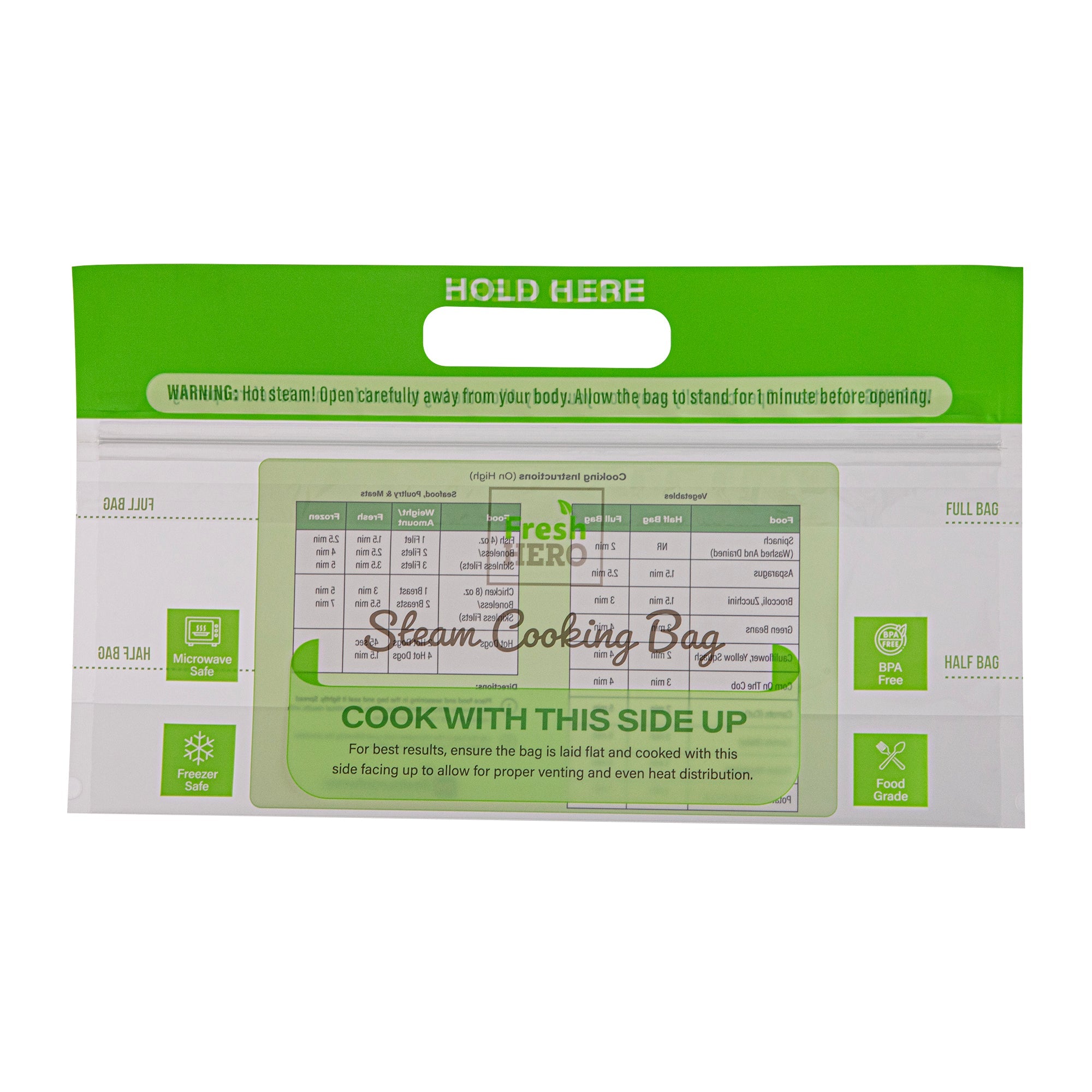Fresh Hero Green Plastic Steam Bag - Microwave-Safe, BPA-Free - 12 3/4" x 7 1/2" - 25 count box