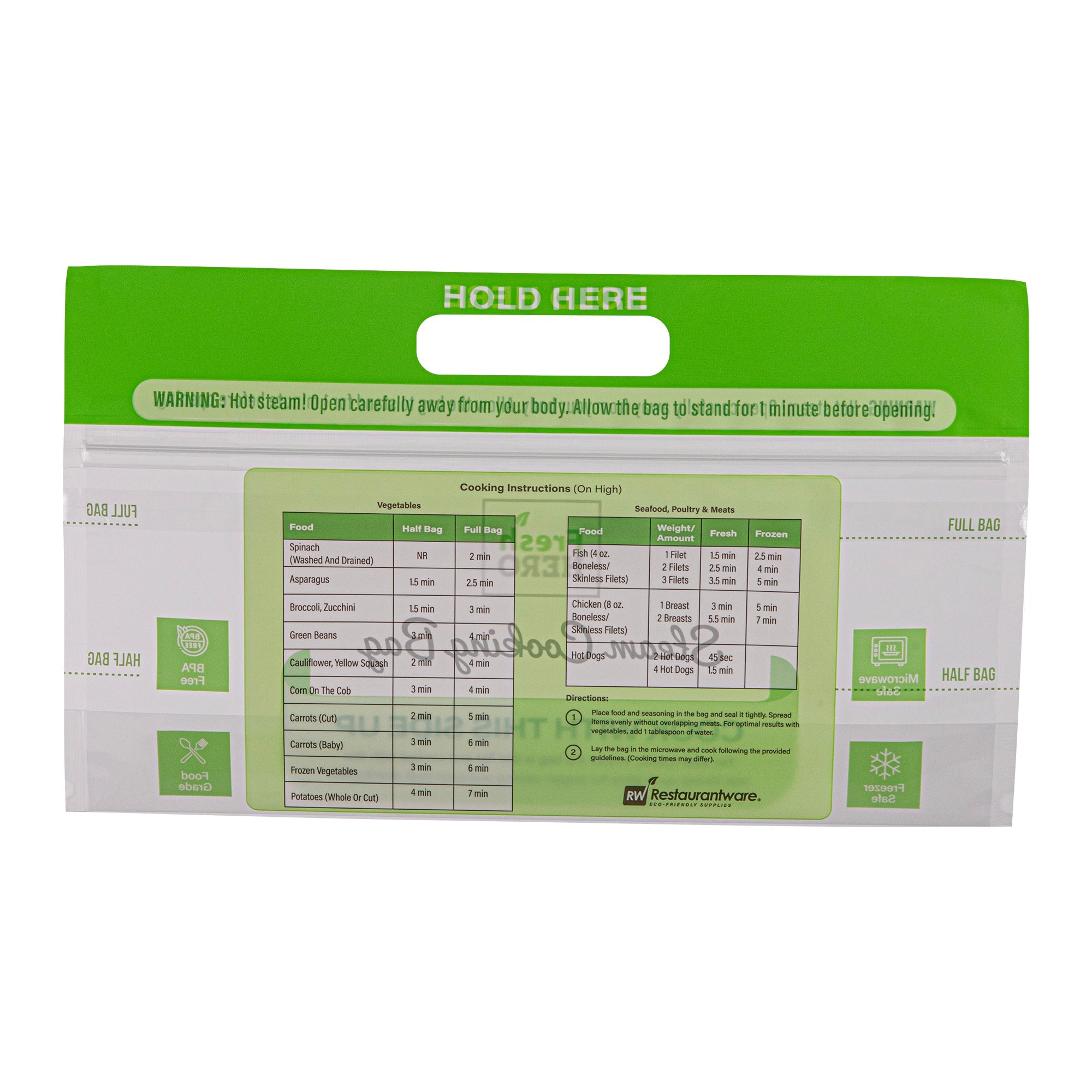 Fresh Hero Green Plastic Steam Bag - Microwave-Safe, BPA-Free - 12 3/4" x 7 1/2" - 25 count box
