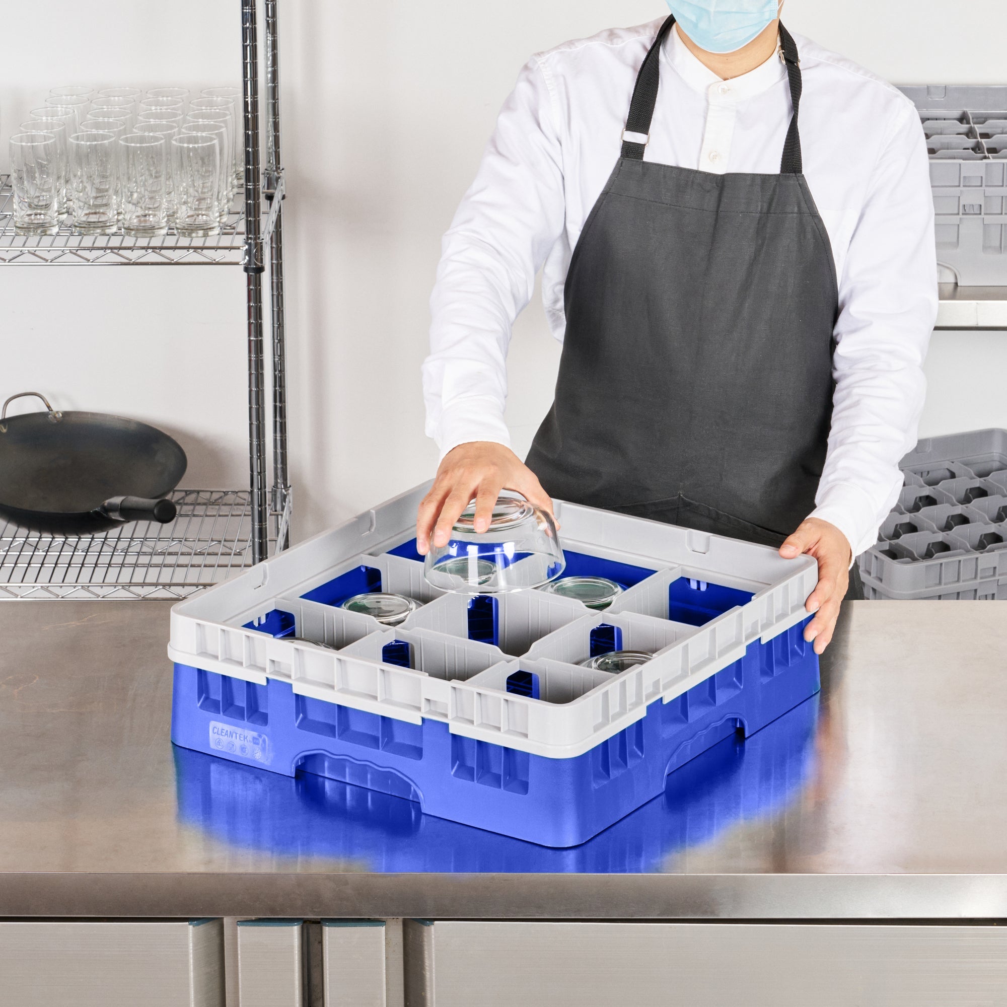 Clean Tek Professional Blue Glass Rack - 9 Compartments, 1 Full Drop Extender - 19 3/4" x 19 3/4" x 5 3/4" - 1 count box