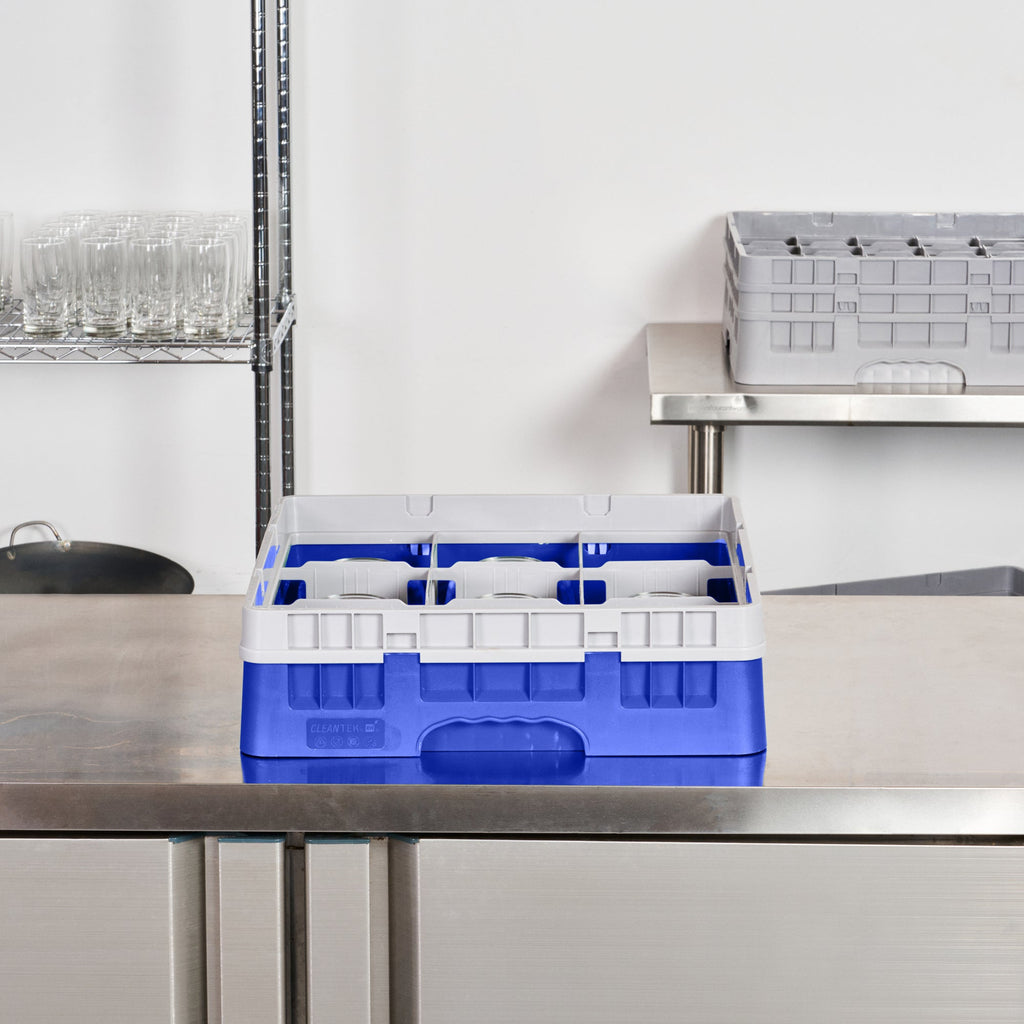 Clean Tek Professional Blue Glass Rack - 9 Compartments, 1 Full Drop Extender - 19 3/4" x 19 3/4" x 5 3/4" - 1 count box