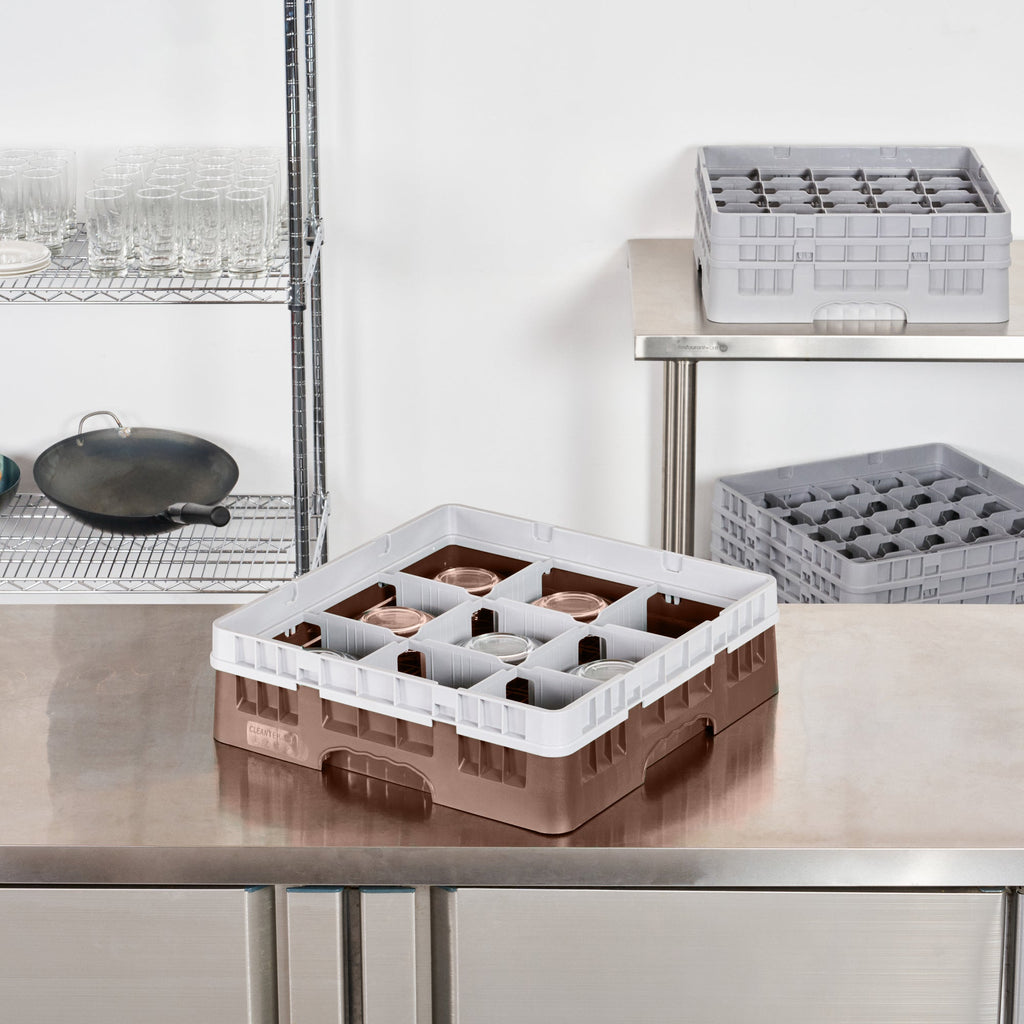 Clean Tek Professional Brown Glass Rack - 9 Compartments, 1 Full Drop Extender - 19 3/4" x 19 3/4" x 5 3/4" - 1 count box