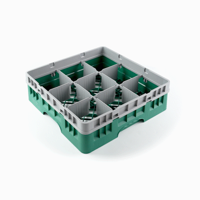 Clean Tek Professional Green Glass Rack - 9 Compartments, 1 Full Drop Extender - 19 3/4" x 19 3/4" x 5 3/4" - 1 count box