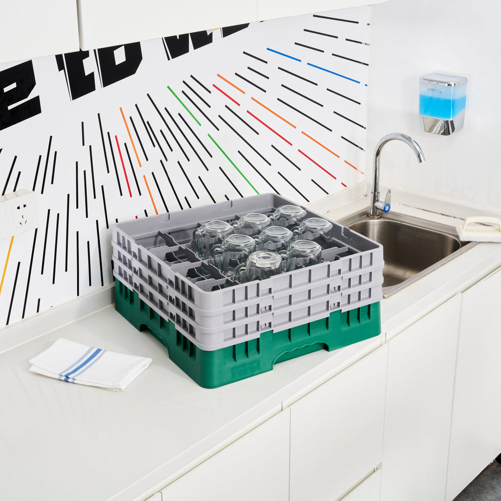 Clean Tek Professional Green Glass Rack - 9 Compartments, 1 Full Drop Extender - 19 3/4" x 19 3/4" x 5 3/4" - 1 count box