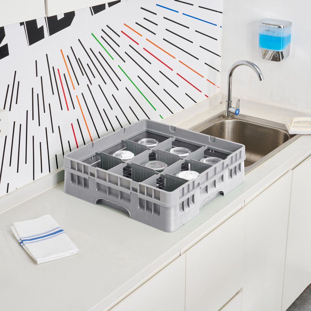 Clean Tek Professional Gray Glass Rack - 9 Compartments, 1 Full Drop Extender - 19 3/4" x 19 3/4" x 5 3/4" - 1 count box