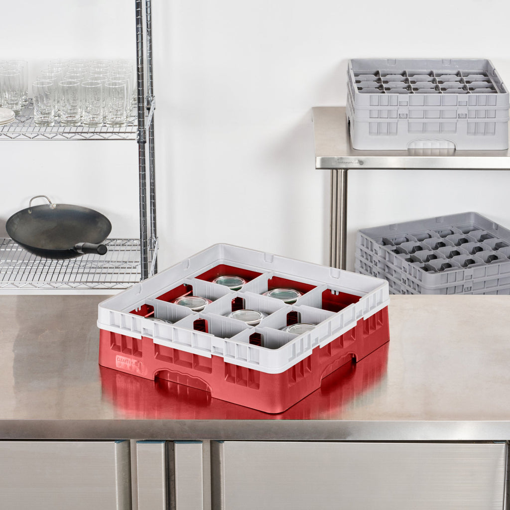 Clean Tek Professional Red Glass Rack - 9 Compartments, 1 Full Drop Extender - 19 3/4" x 19 3/4" x 5 3/4" - 1 count box