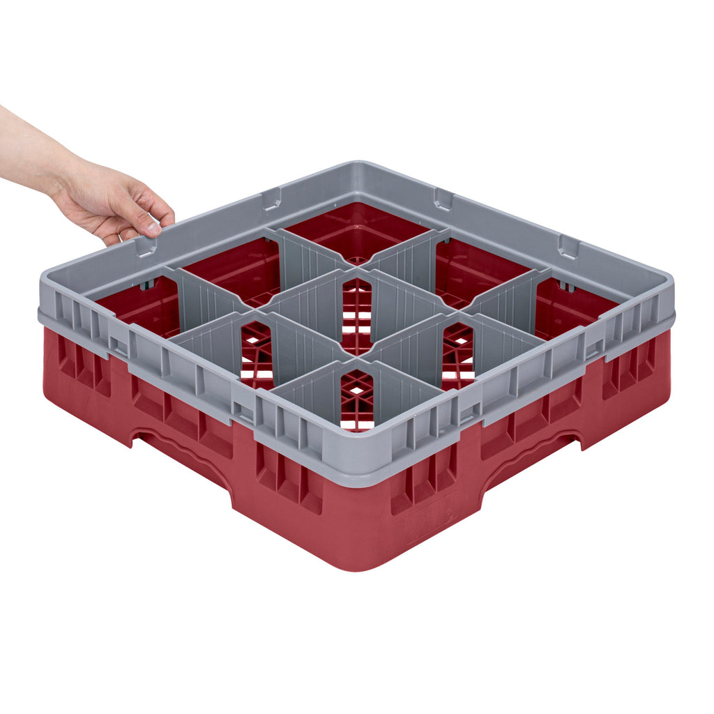 Clean Tek Professional Red Glass Rack - 9 Compartments, 1 Full Drop Extender - 19 3/4" x 19 3/4" x 5 3/4" - 1 count box