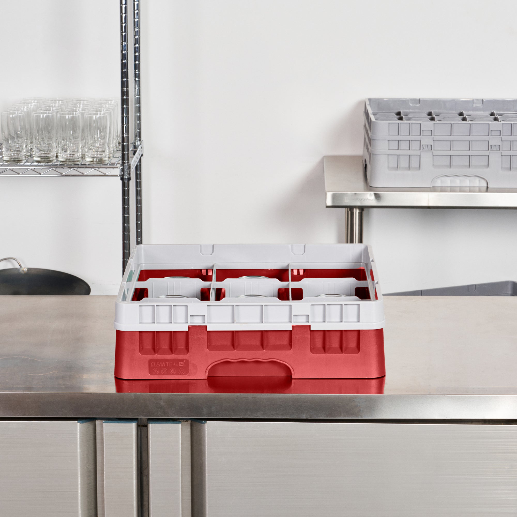 Clean Tek Professional Red Glass Rack - 9 Compartments, 1 Full Drop Extender - 19 3/4" x 19 3/4" x 5 3/4" - 1 count box