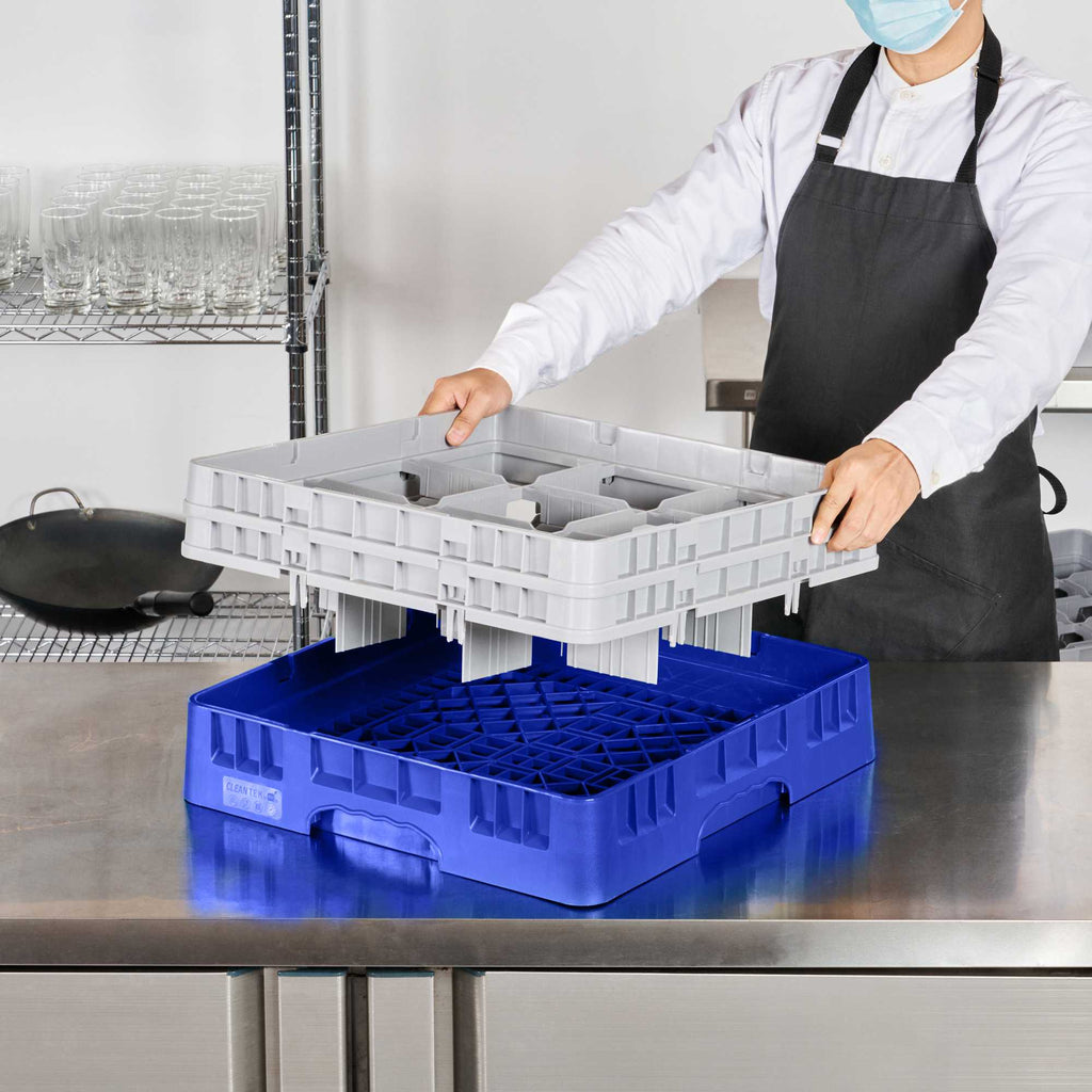 Clean Tek Professional Blue Glass Rack - 9 Compartments, 1 Full Drop and 1 Half Drop Extender - 19 3/4" x 19 3/4" x 7 1/4" - 1 count box