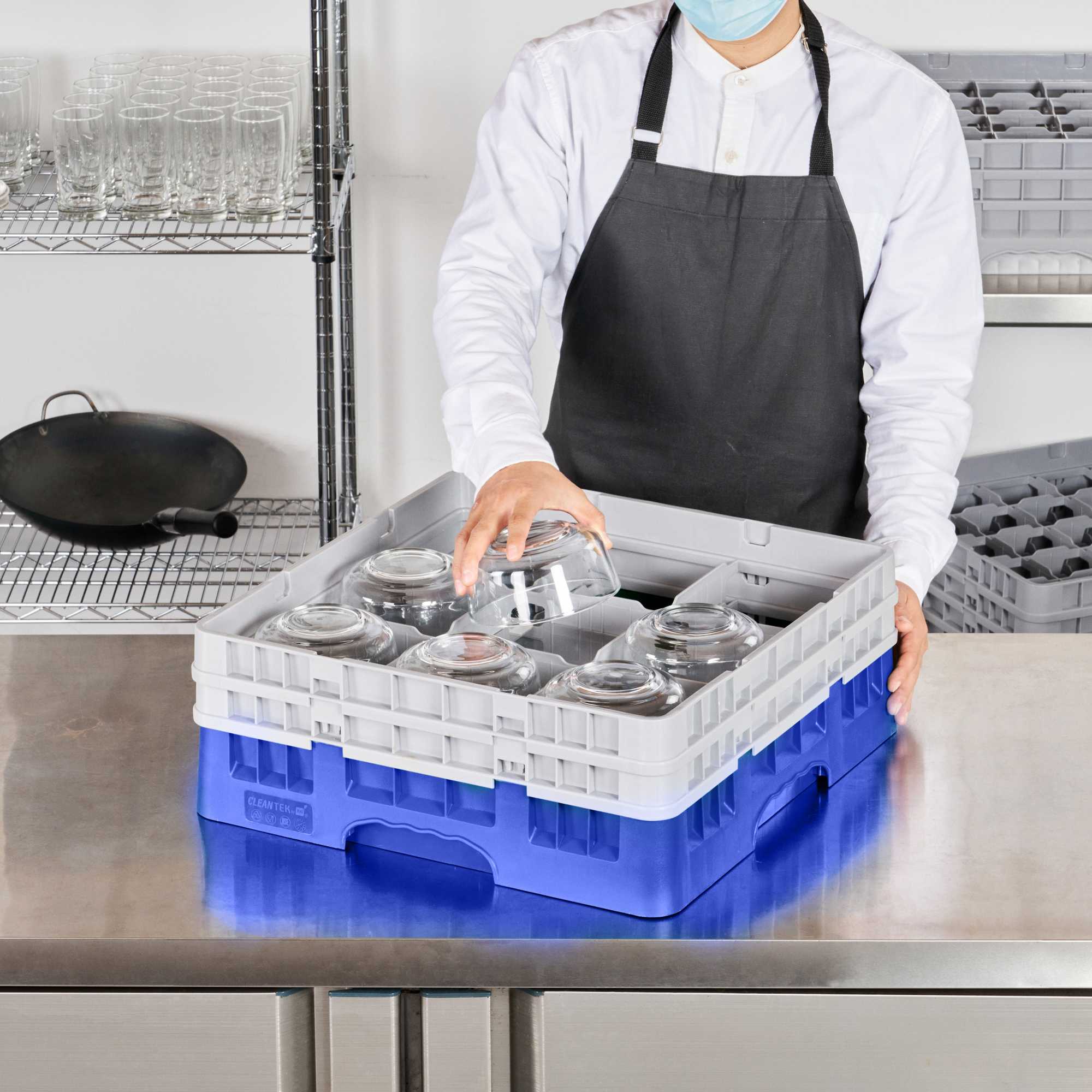 Clean Tek Professional Blue Glass Rack - 9 Compartments, 1 Full Drop and 1 Half Drop Extender - 19 3/4" x 19 3/4" x 7 1/4" - 1 count box