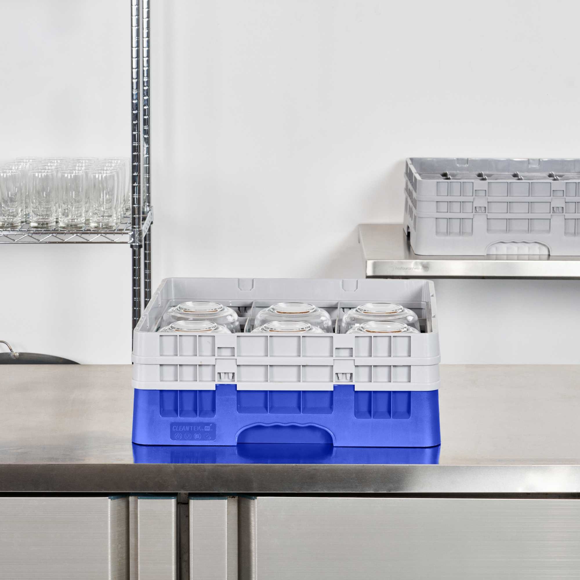 Clean Tek Professional Blue Glass Rack - 9 Compartments, 1 Full Drop and 1 Half Drop Extender - 19 3/4" x 19 3/4" x 7 1/4" - 1 count box