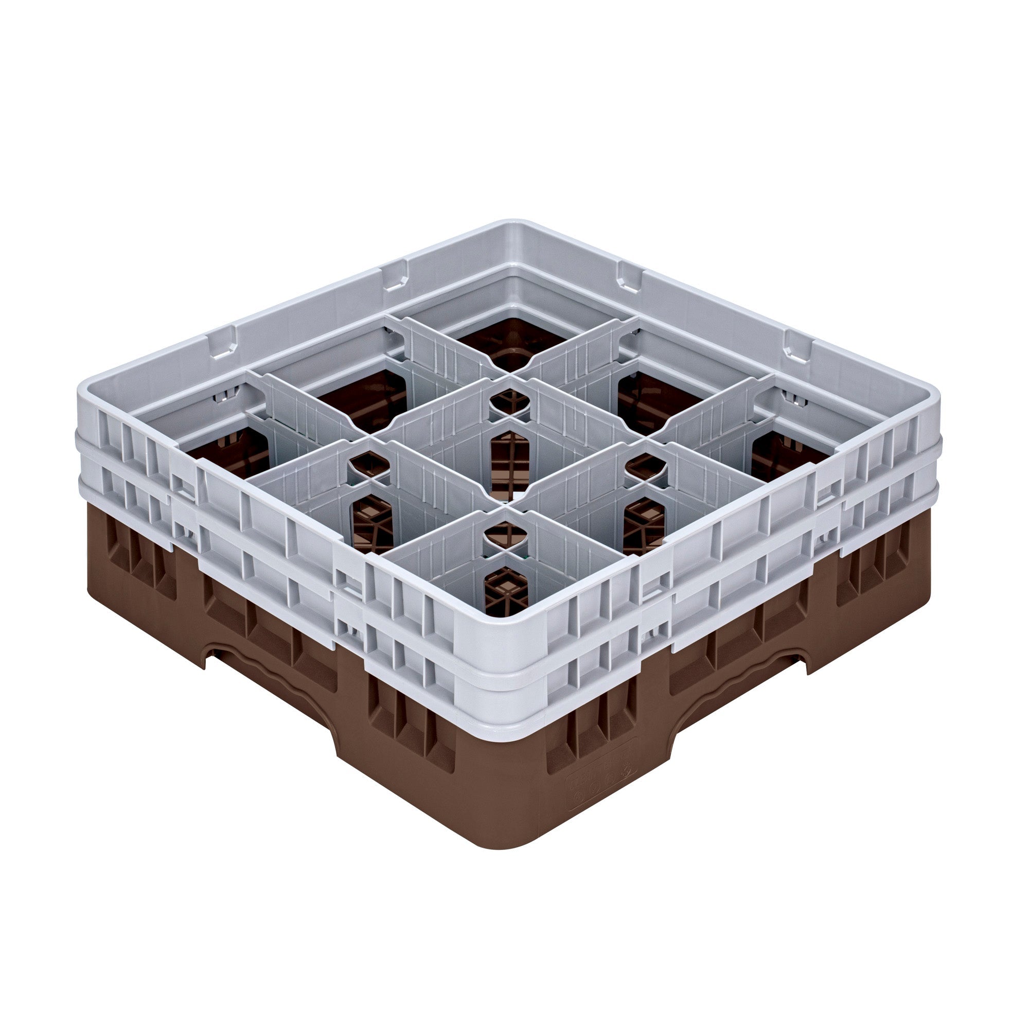 Clean Tek Professional Brown Glass Rack - 9 Compartments, 1 Full Drop and 1 Half Drop Extender - 19 3/4" x 19 3/4" x 7 1/4" - 1 count box