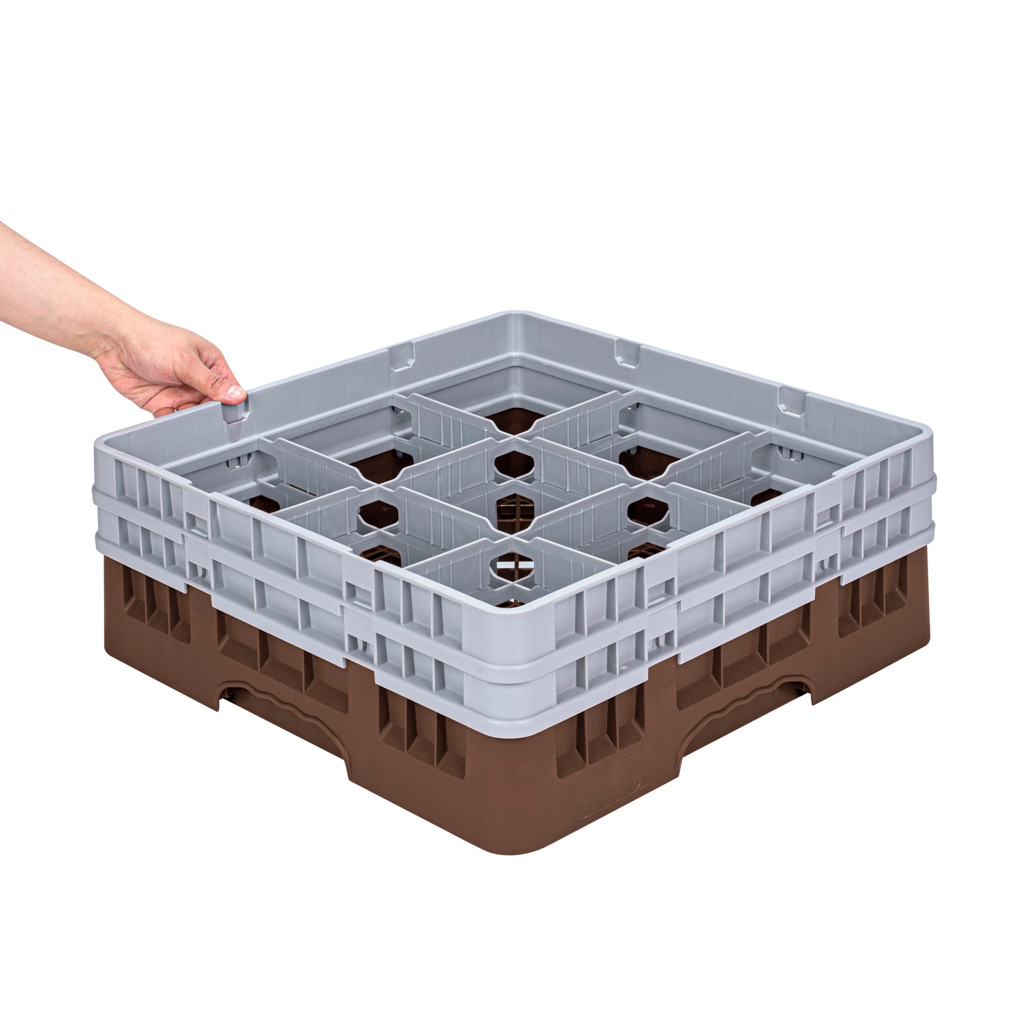 Clean Tek Professional Brown Glass Rack - 9 Compartments, 1 Full Drop and 1 Half Drop Extender - 19 3/4" x 19 3/4" x 7 1/4" - 1 count box