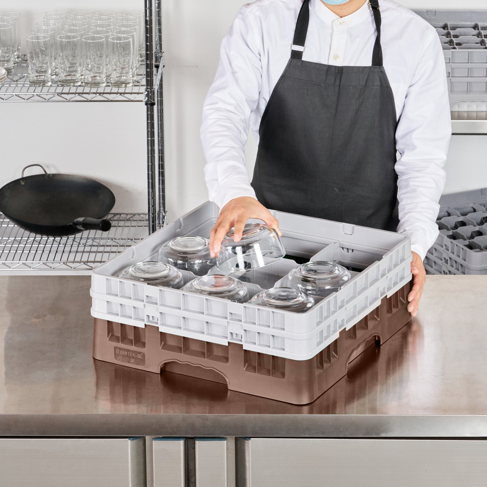 Clean Tek Professional Brown Glass Rack - 9 Compartments, 1 Full Drop and 1 Half Drop Extender - 19 3/4" x 19 3/4" x 7 1/4" - 1 count box