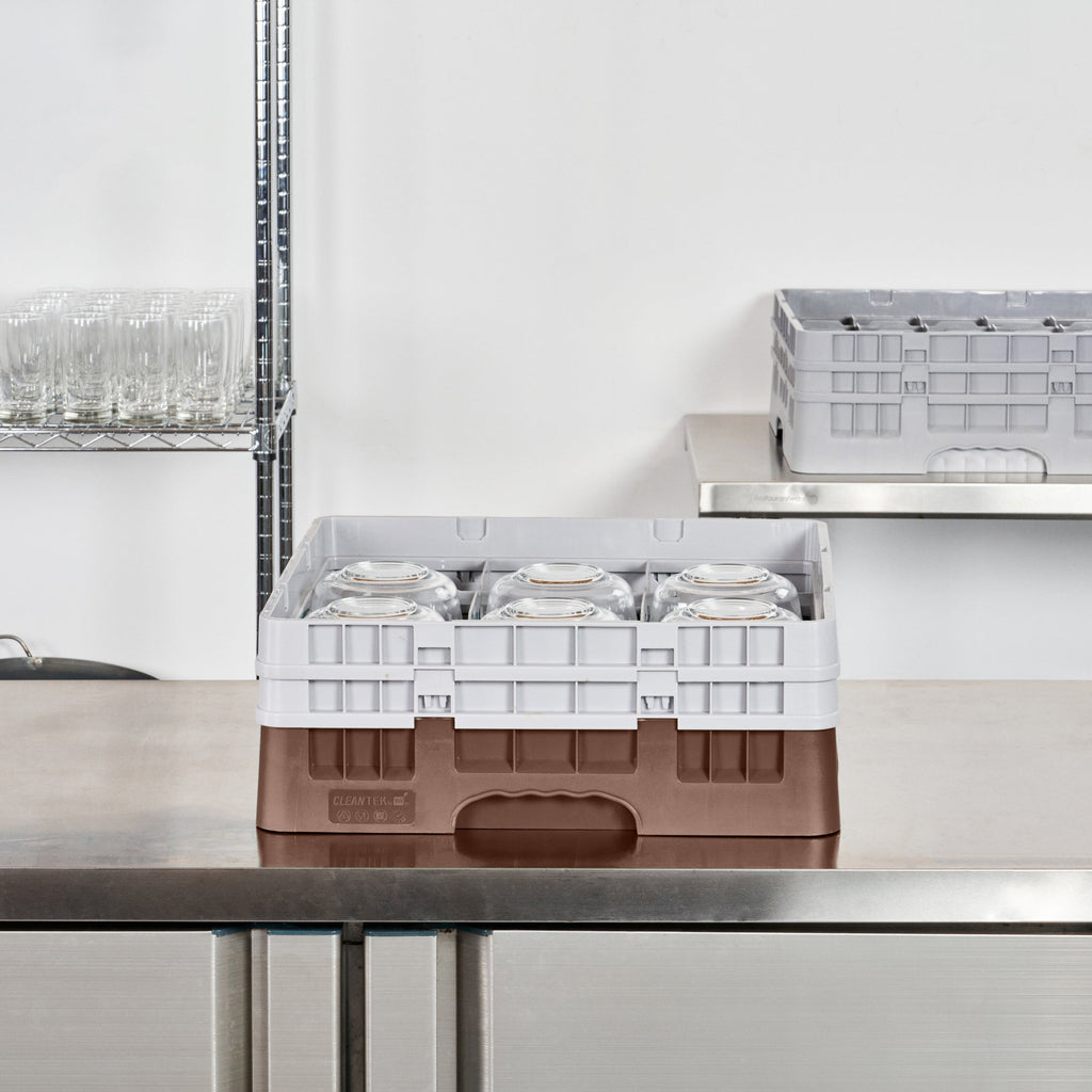 Clean Tek Professional Brown Glass Rack - 9 Compartments, 1 Full Drop and 1 Half Drop Extender - 19 3/4" x 19 3/4" x 7 1/4" - 1 count box