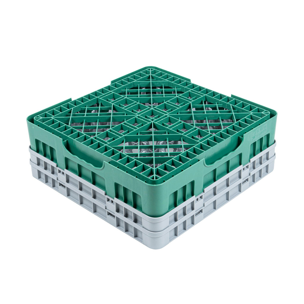 Clean Tek Professional Green Glass Rack - 9 Compartments, 1 Full Drop and 1 Half Drop Extender - 19 3/4" x 19 3/4" x 7 1/4" - 1 count box