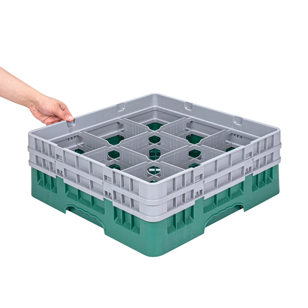 Clean Tek Professional Green Glass Rack - 9 Compartments, 1 Full Drop and 1 Half Drop Extender - 19 3/4" x 19 3/4" x 7 1/4" - 1 count box