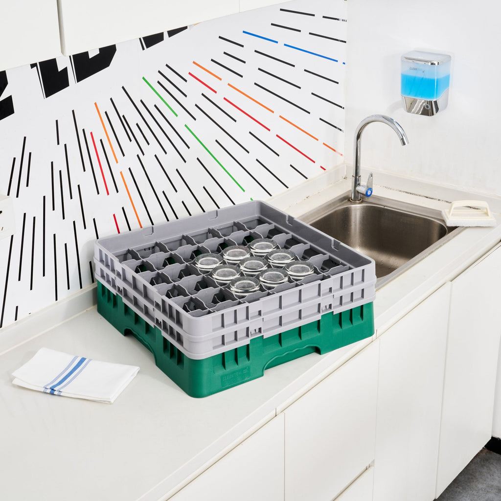 Clean Tek Professional Green Glass Rack - 9 Compartments, 1 Full Drop and 1 Half Drop Extender - 19 3/4" x 19 3/4" x 7 1/4" - 1 count box