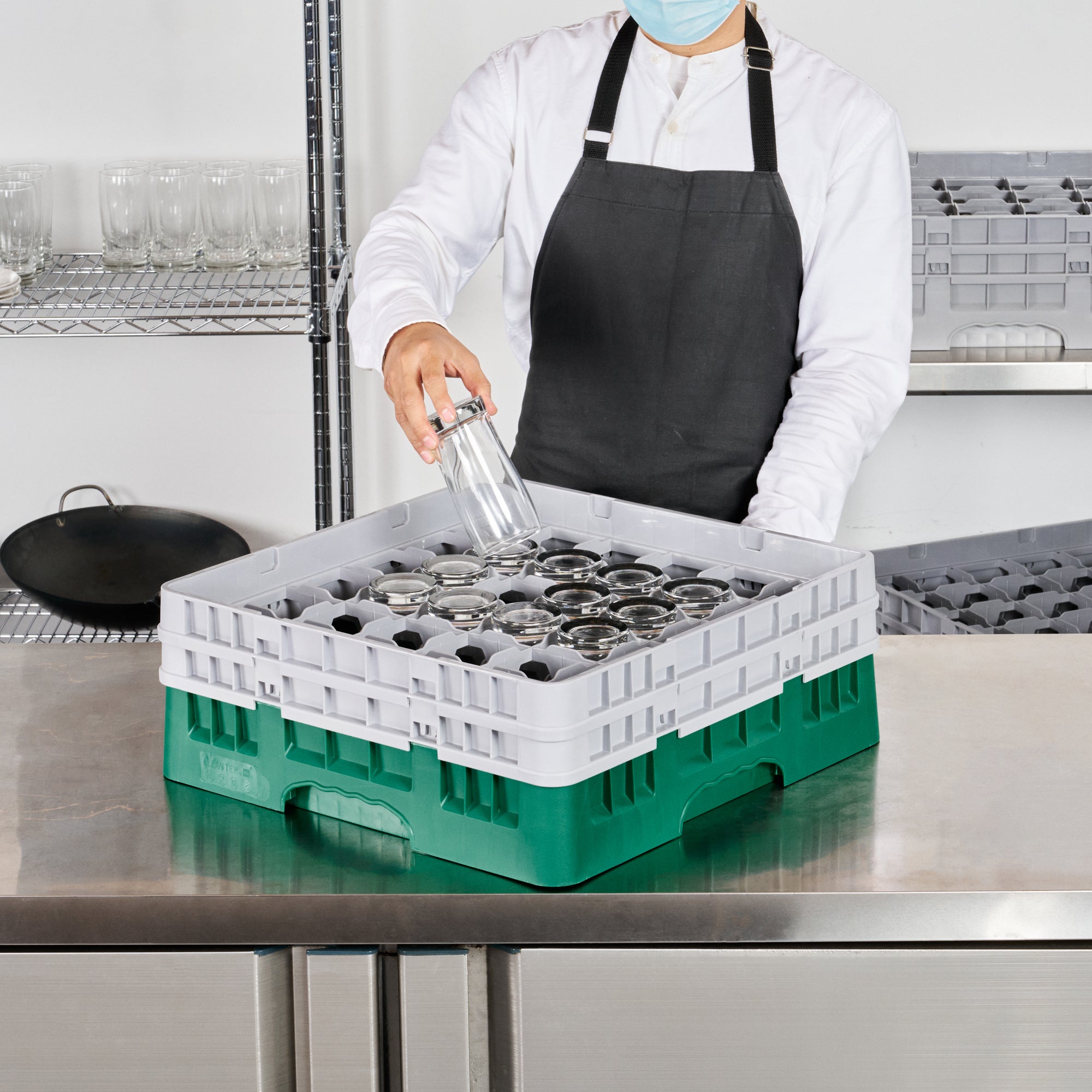 Clean Tek Professional Green Glass Rack - 9 Compartments, 1 Full Drop and 1 Half Drop Extender - 19 3/4" x 19 3/4" x 7 1/4" - 1 count box