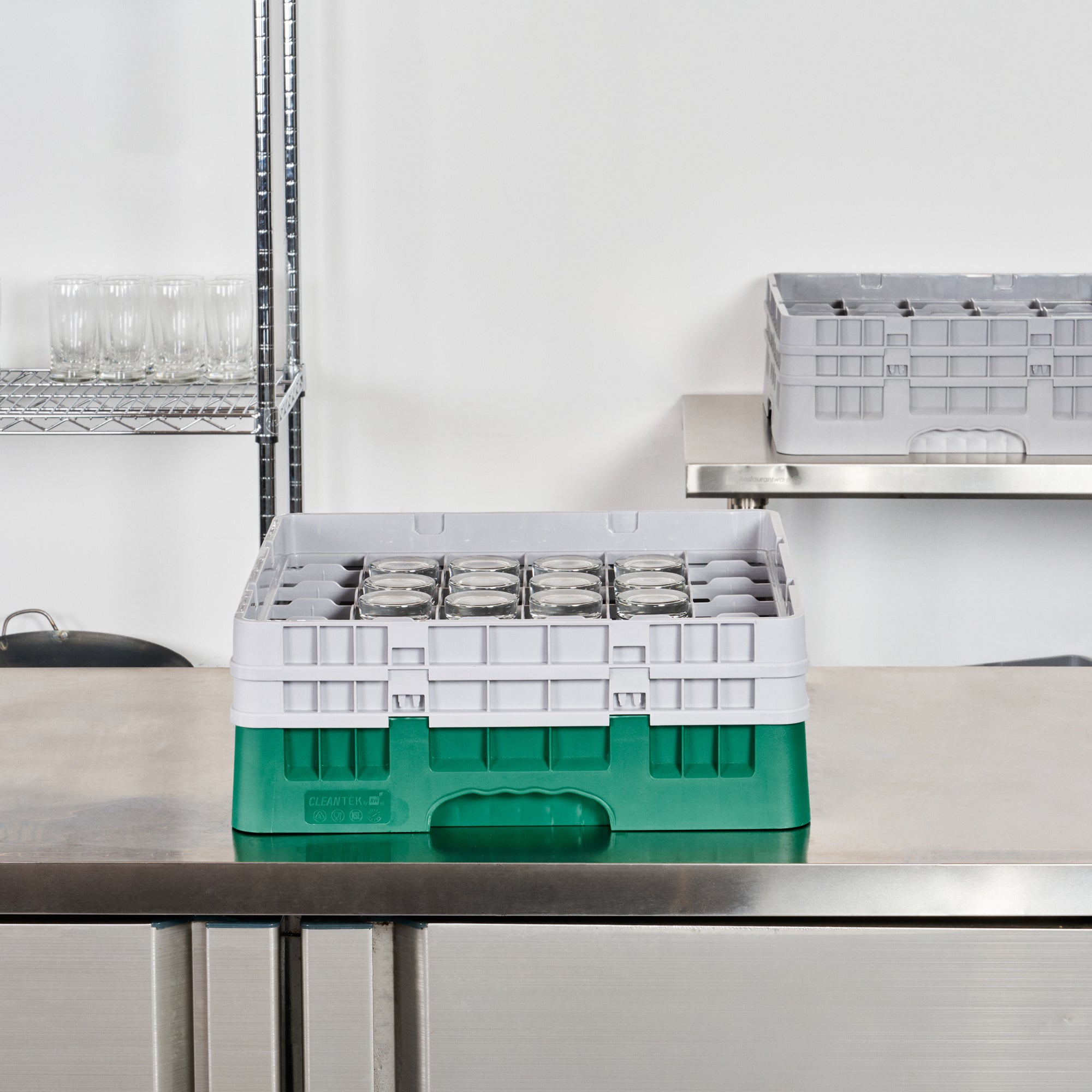 Clean Tek Professional Green Glass Rack - 9 Compartments, 1 Full Drop and 1 Half Drop Extender - 19 3/4" x 19 3/4" x 7 1/4" - 1 count box