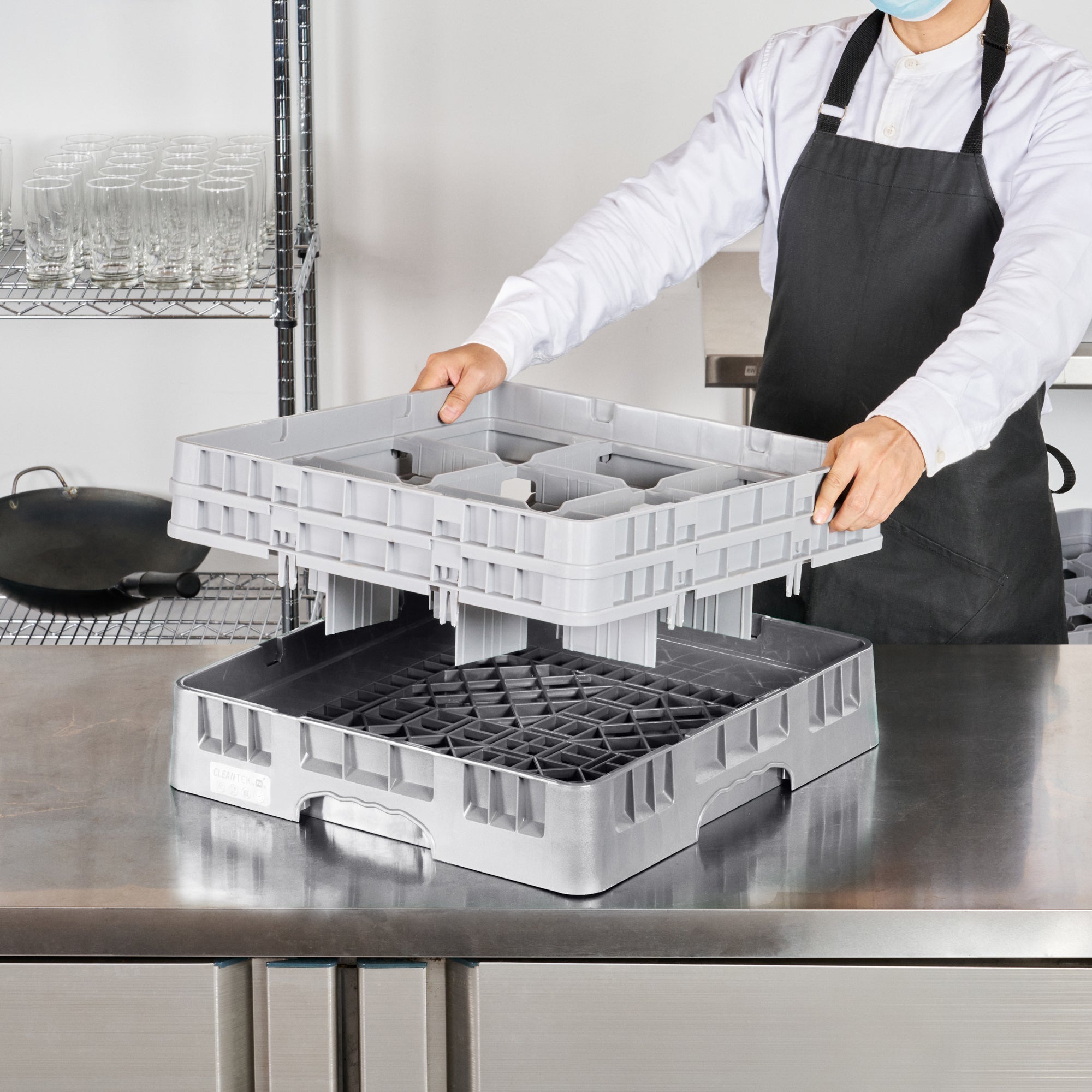 Clean Tek Professional Gray Glass Rack - 9 Compartments, 1 Full Drop and 1 Half Drop Extender - 19 3/4" x 19 3/4" x 7 1/4" - 1 count box