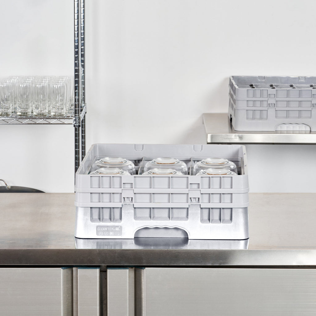Clean Tek Professional Gray Glass Rack - 9 Compartments, 1 Full Drop and 1 Half Drop Extender - 19 3/4" x 19 3/4" x 7 1/4" - 1 count box