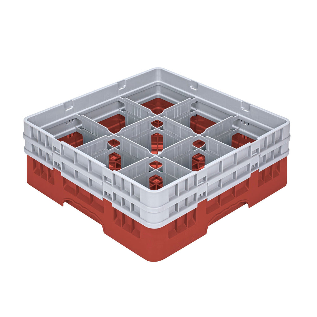 Clean Tek Professional Red Glass Rack - 9 Compartments, 1 Full Drop and 1 Half Drop Extender - 19 3/4" x 19 3/4" x 7 1/4" - 1 count box