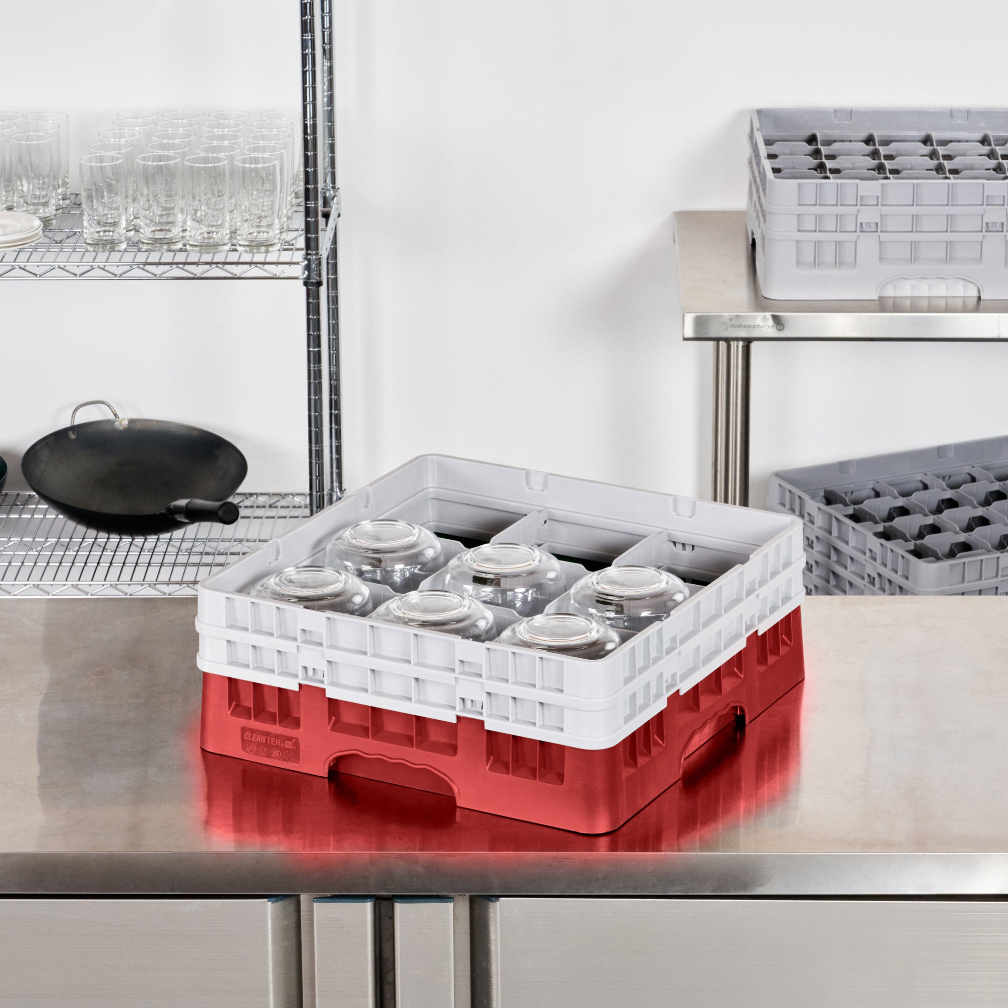 Clean Tek Professional Red Glass Rack - 9 Compartments, 1 Full Drop and 1 Half Drop Extender - 19 3/4" x 19 3/4" x 7 1/4" - 1 count box
