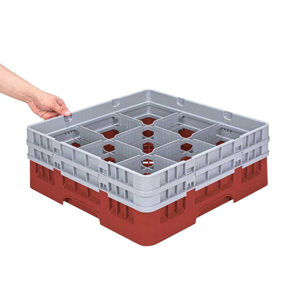 Clean Tek Professional Red Glass Rack - 9 Compartments, 1 Full Drop and 1 Half Drop Extender - 19 3/4" x 19 3/4" x 7 1/4" - 1 count box