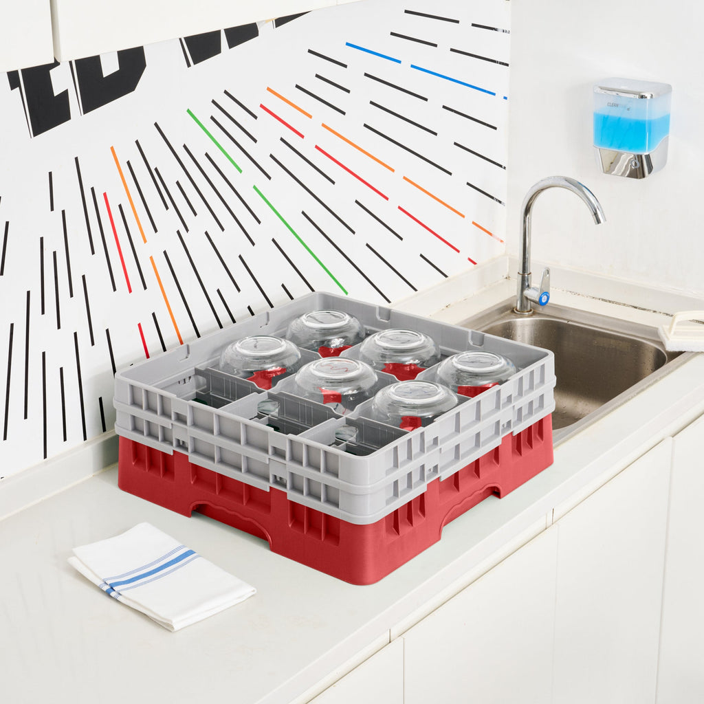 Clean Tek Professional Red Glass Rack - 9 Compartments, 1 Full Drop and 1 Half Drop Extender - 19 3/4" x 19 3/4" x 7 1/4" - 1 count box