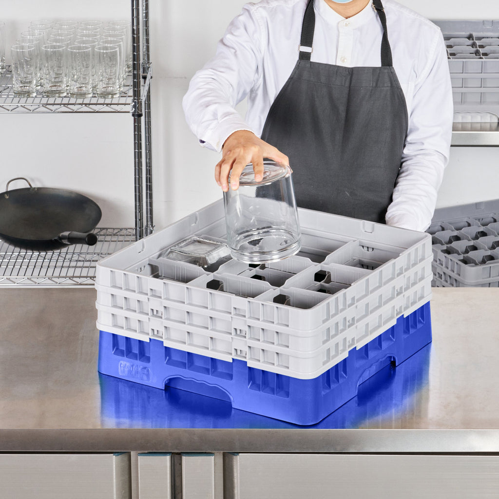 Clean Tek Professional Blue Glass Rack - 9 Compartments, 1 Full Drop and 2 Half Drop Extenders - 19 3/4" x 19 3/4" x 8 3/4" - 1 count box