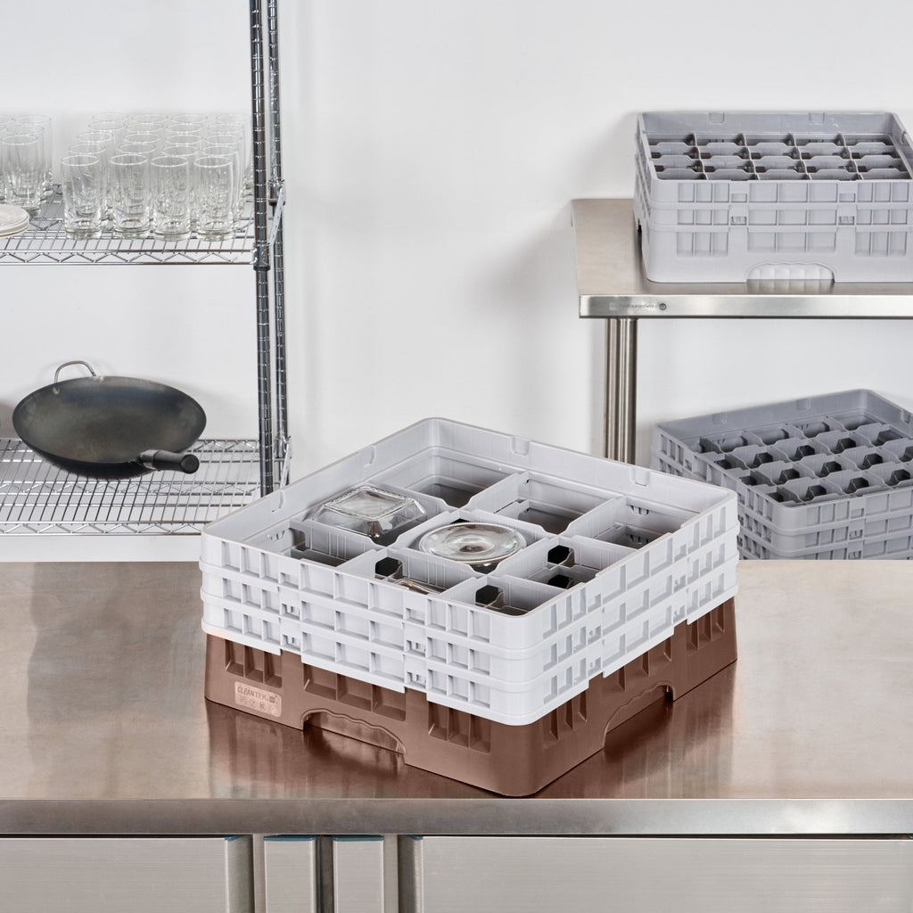 Clean Tek Professional Brown Glass Rack - 9 Compartments, 1 Full Drop and 2 Half Drop Extenders - 19 3/4" x 19 3/4" x 8 3/4" - 1 count box