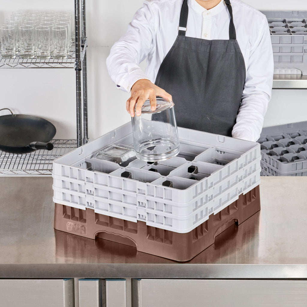 Clean Tek Professional Brown Glass Rack - 9 Compartments, 1 Full Drop and 2 Half Drop Extenders - 19 3/4" x 19 3/4" x 8 3/4" - 1 count box