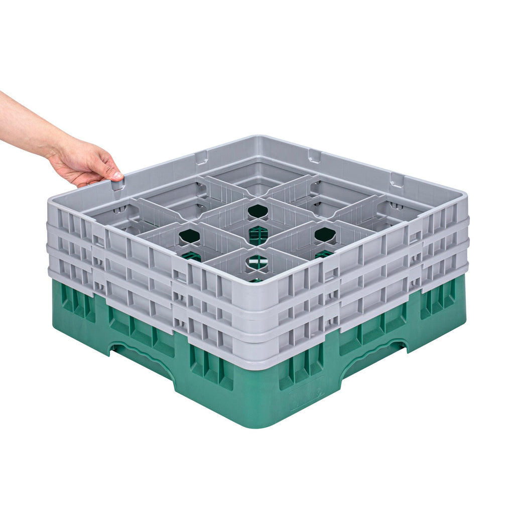 Clean Tek Professional Green Glass Rack - 9 Compartments, 1 Full Drop and 2 Half Drop Extenders - 19 3/4" x 19 3/4" x 8 3/4" - 1 count box