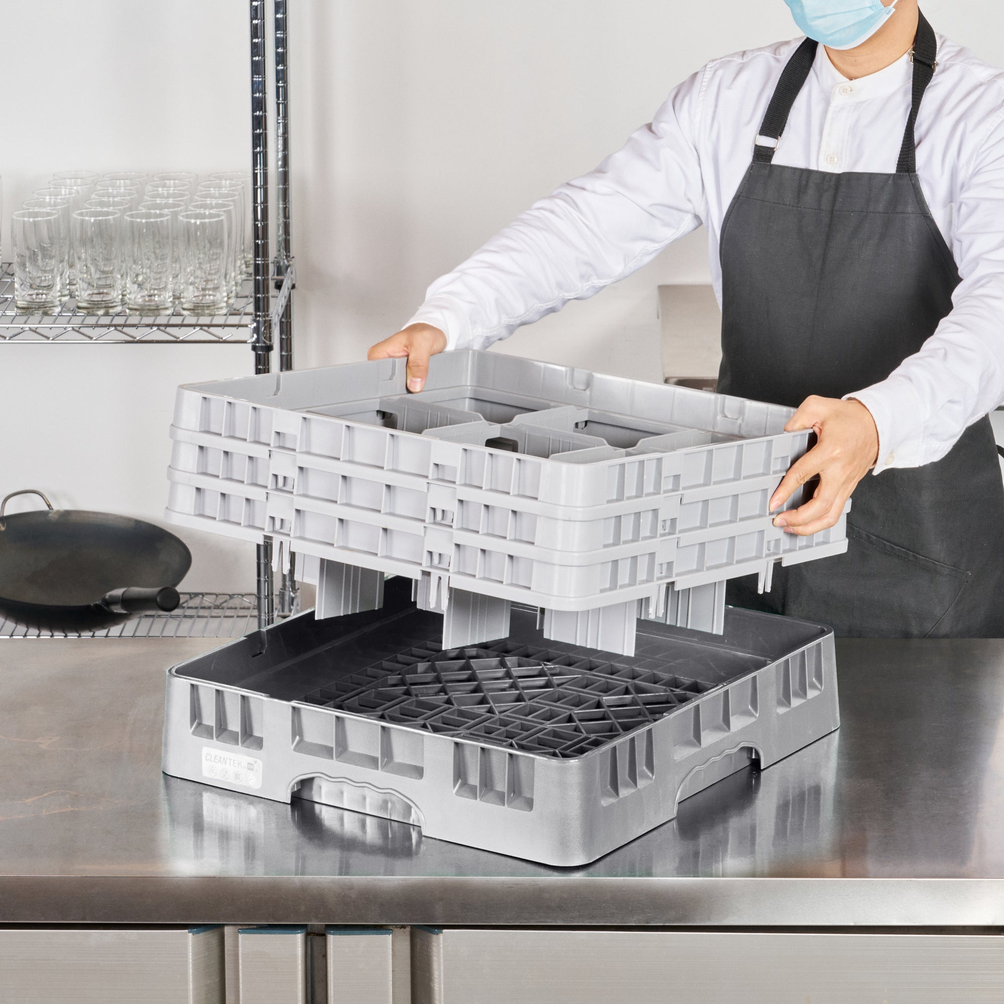 Clean Tek Professional Gray Glass Rack - 9 Compartments, 1 Full Drop and 2 Half Drop Extenders - 19 3/4" x 19 3/4" x 8 3/4" - 1 count box