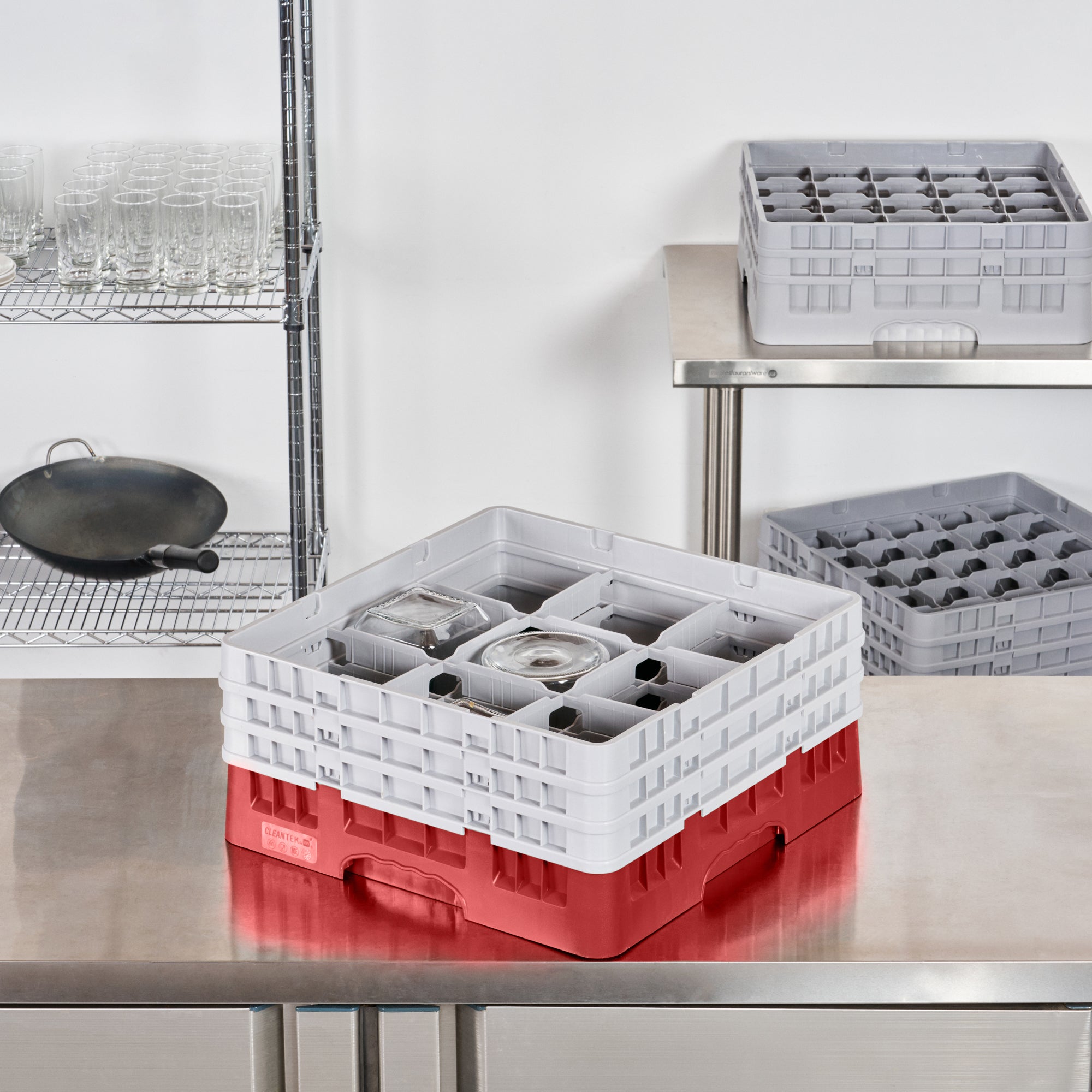 Clean Tek Professional Red Glass Rack - 9 Compartments, 1 Full Drop and 2 Half Drop Extenders - 19 3/4" x 19 3/4" x 8 3/4" - 1 count box