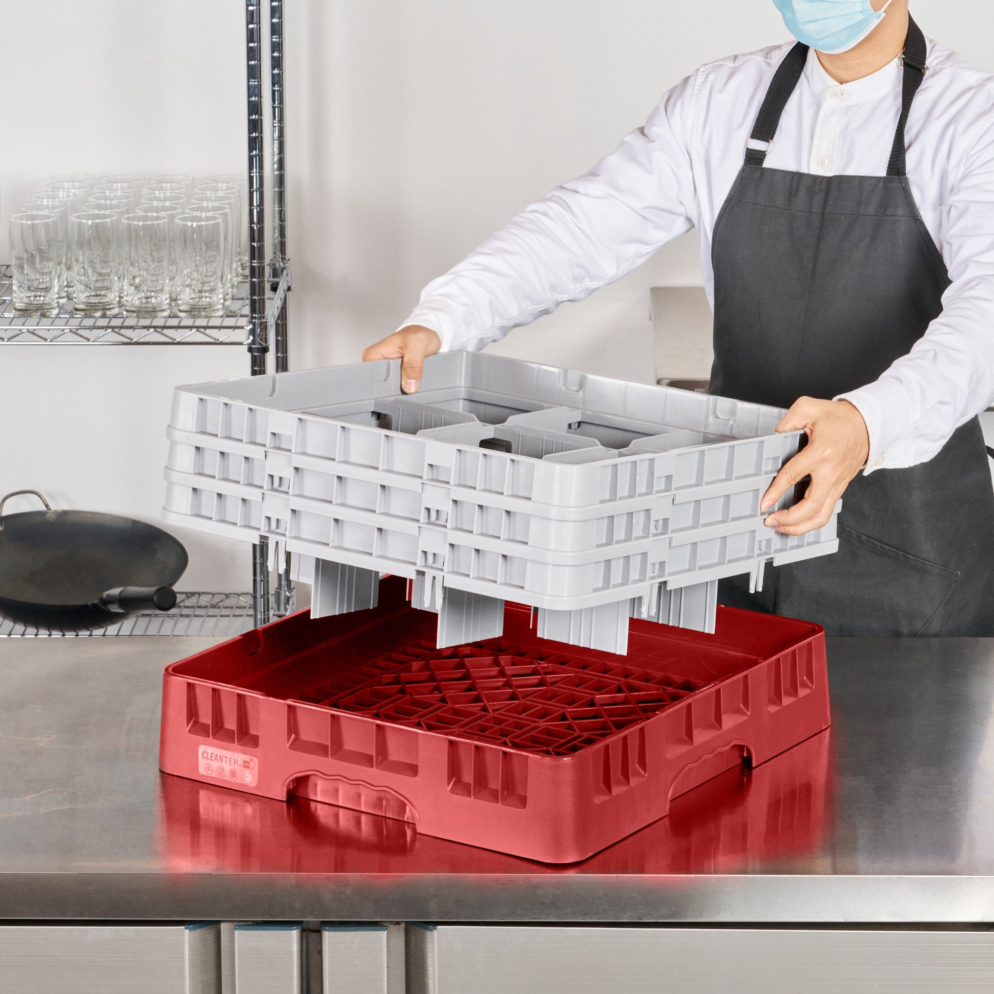 Clean Tek Professional Red Glass Rack - 9 Compartments, 1 Full Drop and 2 Half Drop Extenders - 19 3/4" x 19 3/4" x 8 3/4" - 1 count box