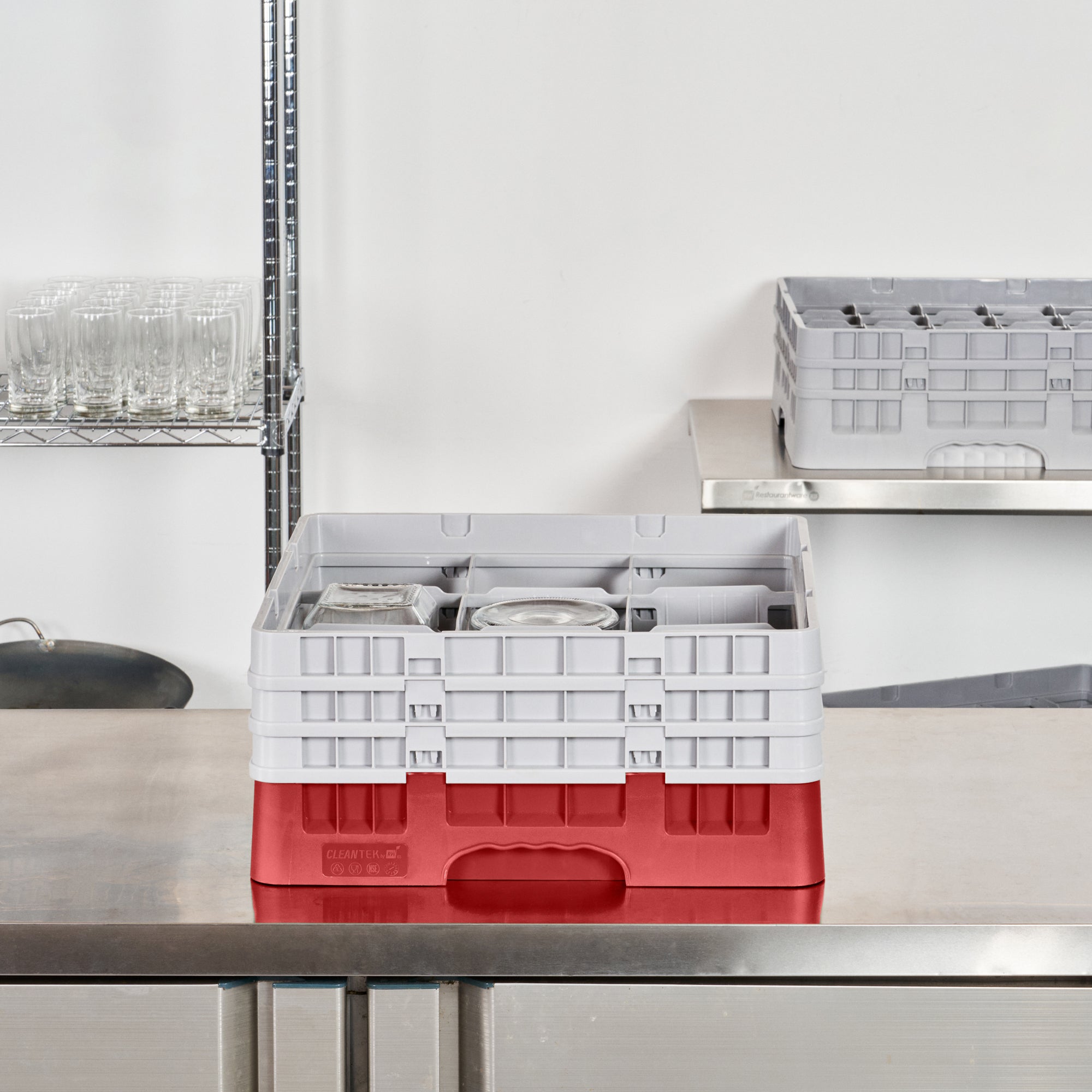 Clean Tek Professional Red Glass Rack - 9 Compartments, 1 Full Drop and 2 Half Drop Extenders - 19 3/4" x 19 3/4" x 8 3/4" - 1 count box